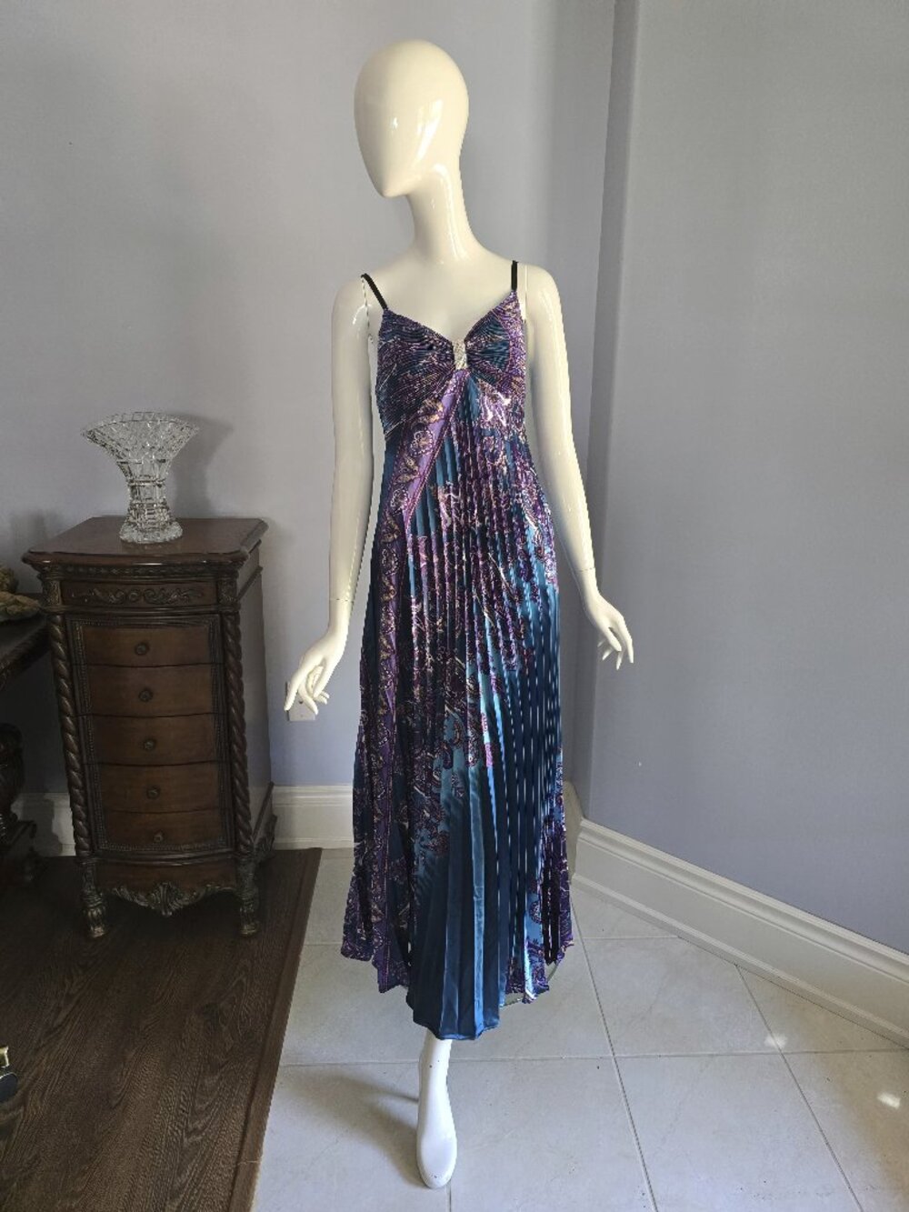 Boho Pleated Maxi Dress | Free Size | Purple & Teal Paisley Resort Dress
